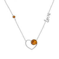 Collier coeur Love avec 2 pierres Ambre cognac et argent 925/1000 rhodié