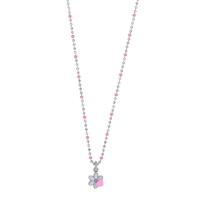 Collier coeur sur fleur émail rose violet, argent 925/1000 rhodié