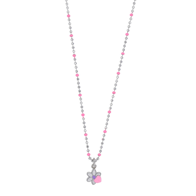Collier coeur sur fleur émail rose violet, argent 925/1000 rhodié