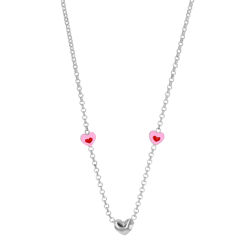 Collier 3 coeurs émail rose rouge et argent 925/1000 rhodié