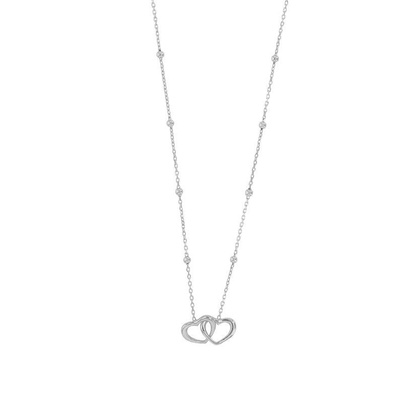 Collier 2 coeurs entrelacés, chaîne boules, argent 925/1000 platiné