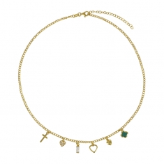 Collier coeurs, fleur, croix en pampilles, oeil de chat vert et oxydes argent 925/1000 do