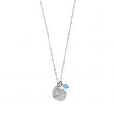 Collier coquillage rond orné d'une pierre synthétique turquoise en argent 925/1000 rhodié