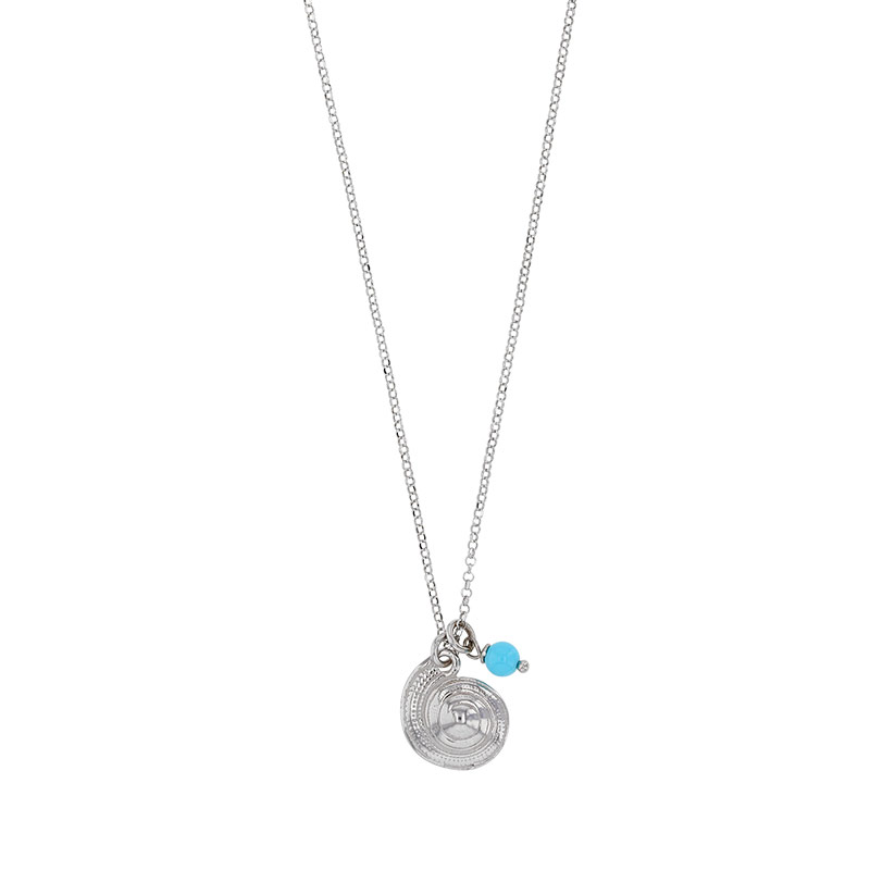 Collier coquillage rond orné d'une pierre synthétique turquoise en argent 925/1000 rhodié