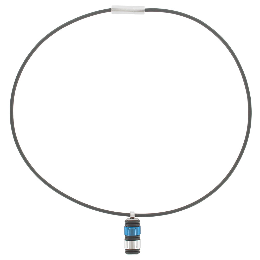 Collier cordon caoutchouc noir et pendentif acier bleu 50cm