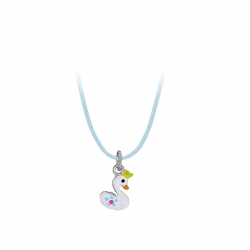 Collier cordon coton bleu ciel avec pendentif cygne en Argent 925/1000 rhodié et émail blanc