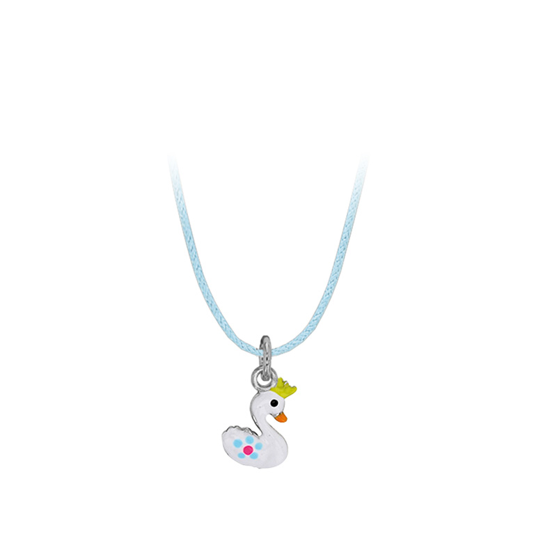 Collier cordon coton bleu ciel avec pendentif cygne en Argent 925/1000 rhodié et émail blanc