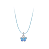 Collier cordon en coton bleu avec pendentif papillon en Argent 925/1000 rhodié et émail bleu