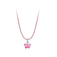 Collier cordon en coton rose pâle avec pendentif papillon en Argent 925/1000 rhodié et émail rose