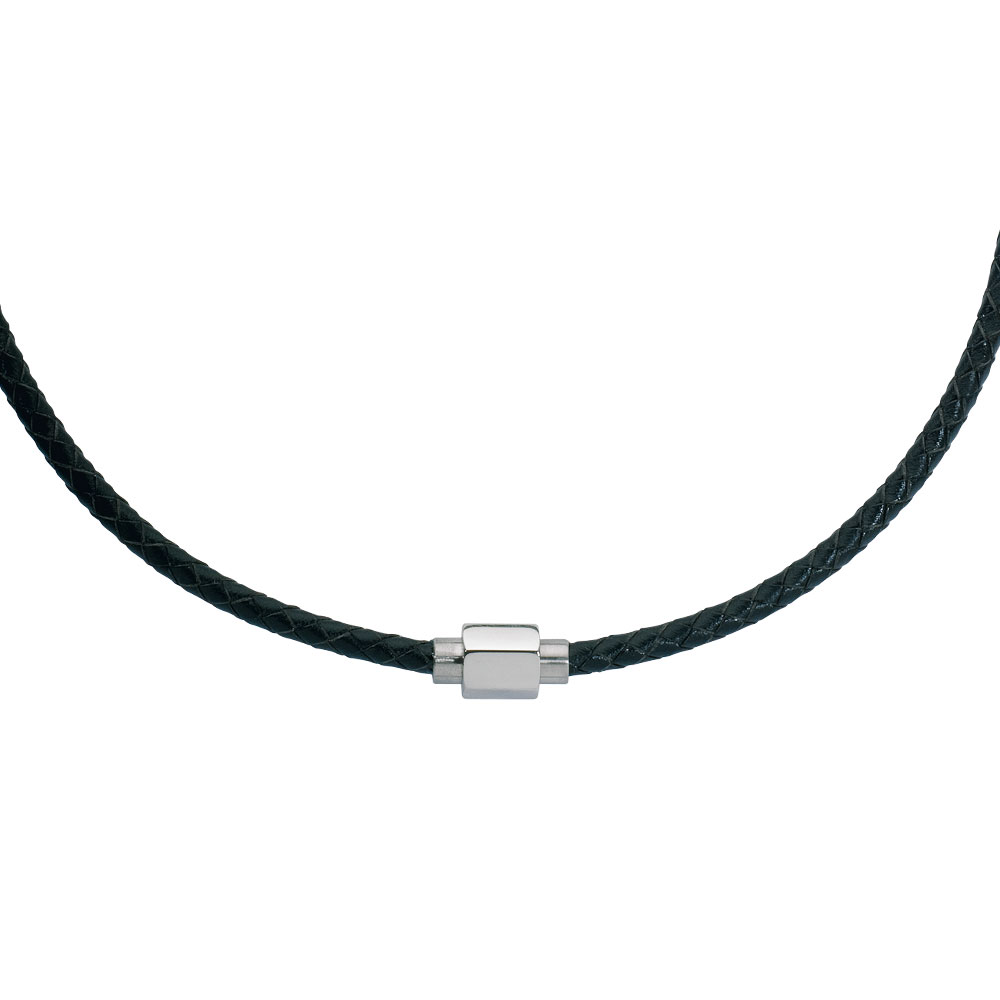 Collier cordon synthétique noir tressé et acier, fermoir aimanté