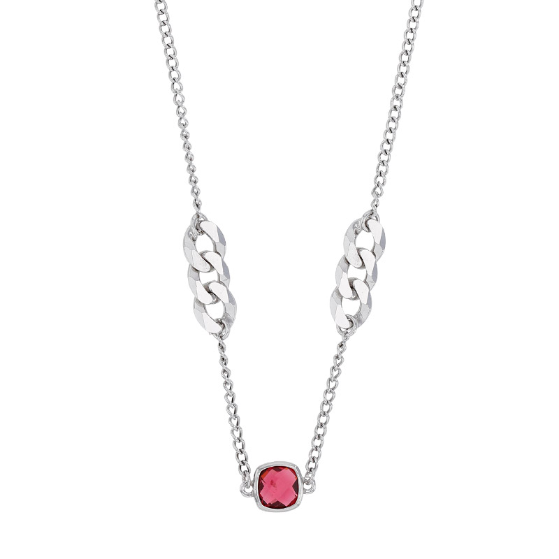 Collier cristal carré rouge facetté, maille gourmette, argent 925/1000 platiné