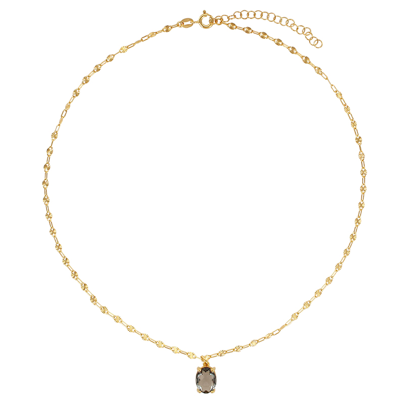 Collier cristal ovale gris foncé facetté, chaîne fantaisie argent 925/1000 doré