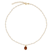Collier cristal ovale marron, chaîne perles d'imitation blanches, argent 925/1000 doré