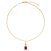 Collier cristal rouge rubis taille rectangle et oxyde rond blanc, argent 925/1000 doré