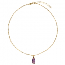 Collier cristal violet améthyste forme goutte, argent 925/1000 doré