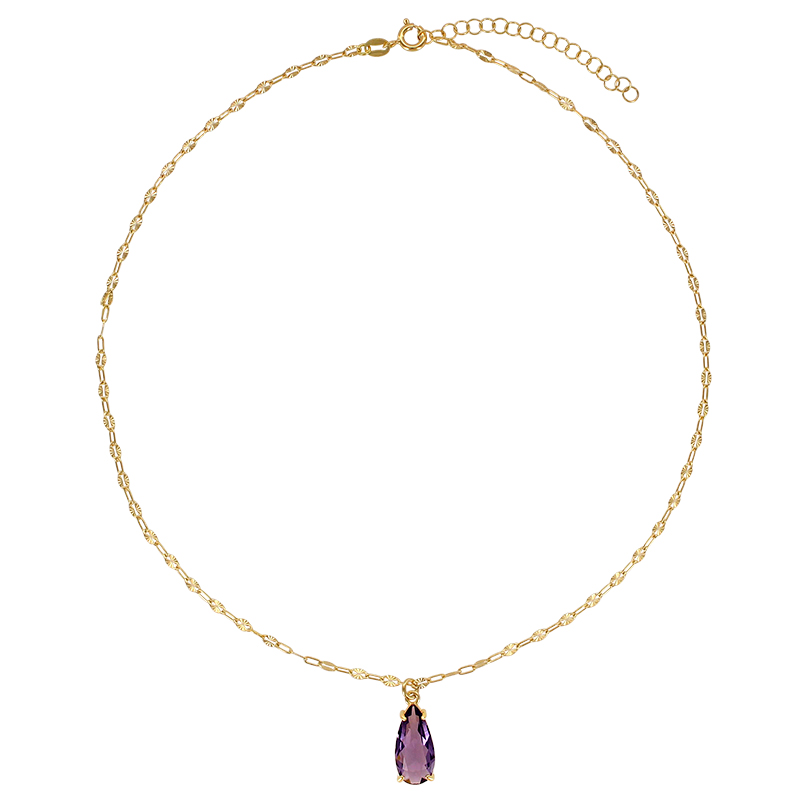 Collier cristal violet améthyste forme goutte, argent 925/1000 doré