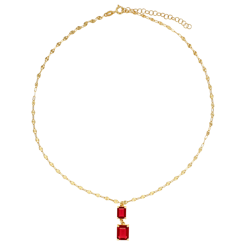 Collier 2 cristaux rouge rubis taille rectangle, argent 925/1000 doré