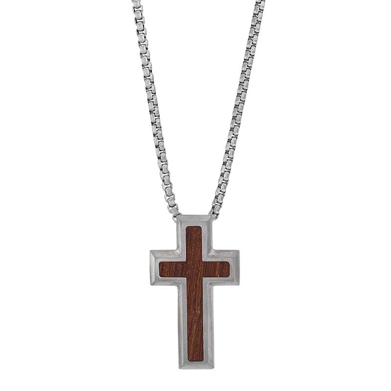 Collier croix acier et bois, chaîne acier