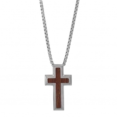 Collier croix acier et bois, chaîne acier