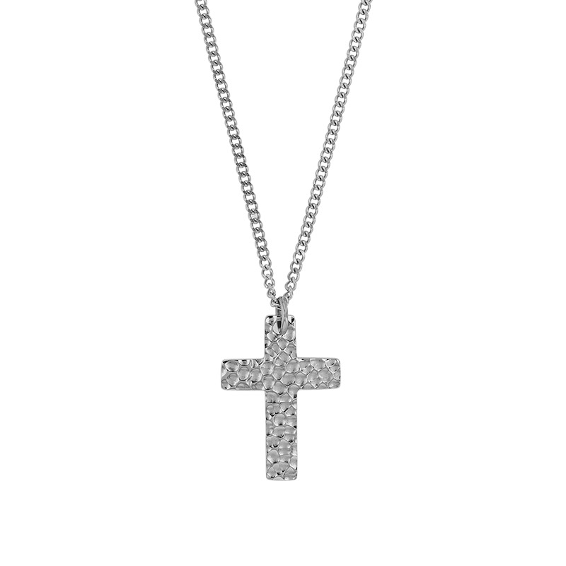 Collier croix aspect martelé acier brillant