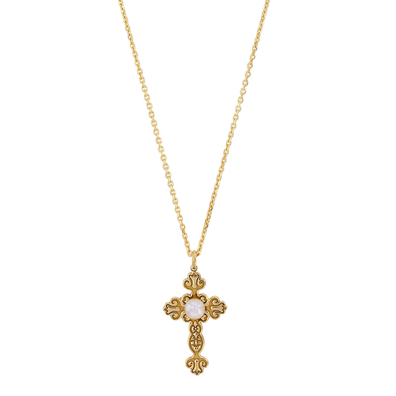 Collier croix avec perle de culture d’eau douce, argent 925/1000 doré