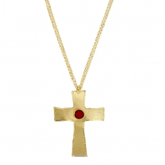Collier croix brossé avec pierre imitation corail, argent 925/1000 doré