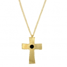 Collier croix brossé avec pierre imitation noire, argent 925/1000 doré