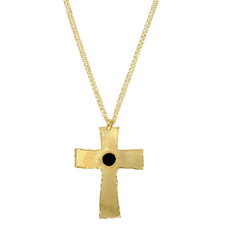 Collier croix brossé avec pierre imitation noire, argent 925/1000 doré