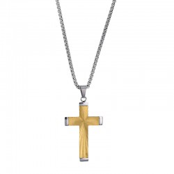 Collier croix en relief aspect ciselé 4,7 x 3cm maille pop-corn en acier