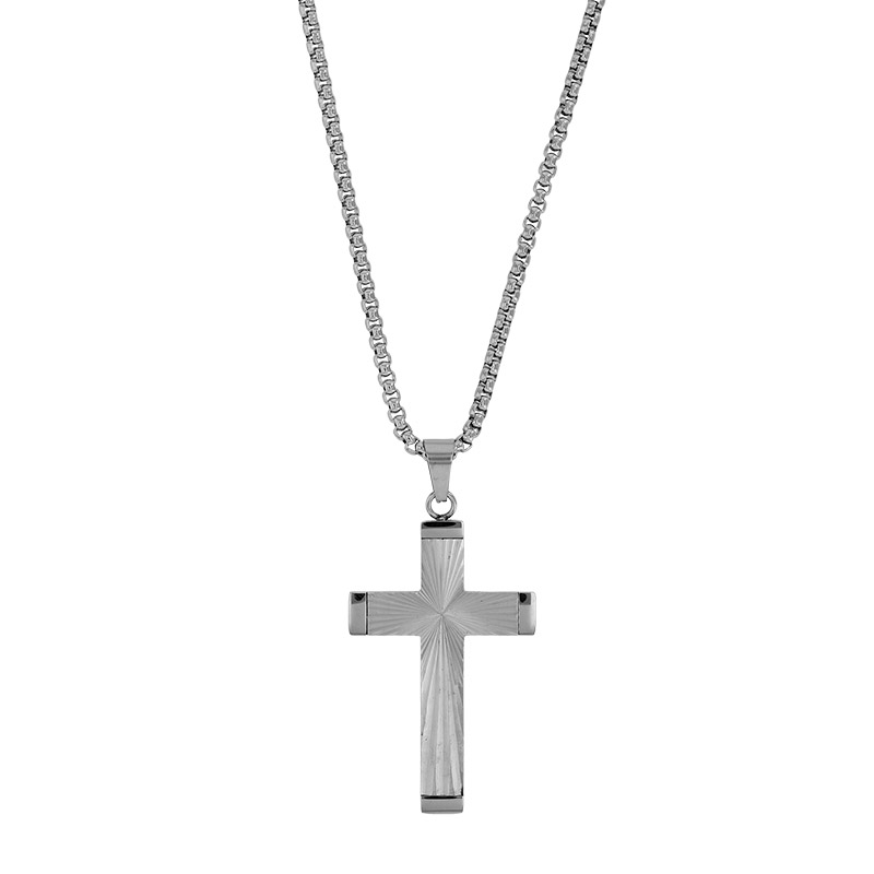 Collier croix en relief aspect ciselé 4,7 x 3cm maille pop-corn en acier