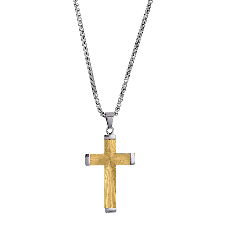 Collier croix en relief aspect ciselé 4,7 x 3cm maille pop-corn en acier
