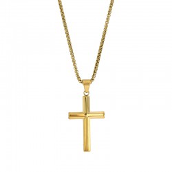 Collier croix lisse et bombée 4,5 x 3cm, maille pop-corn en acier