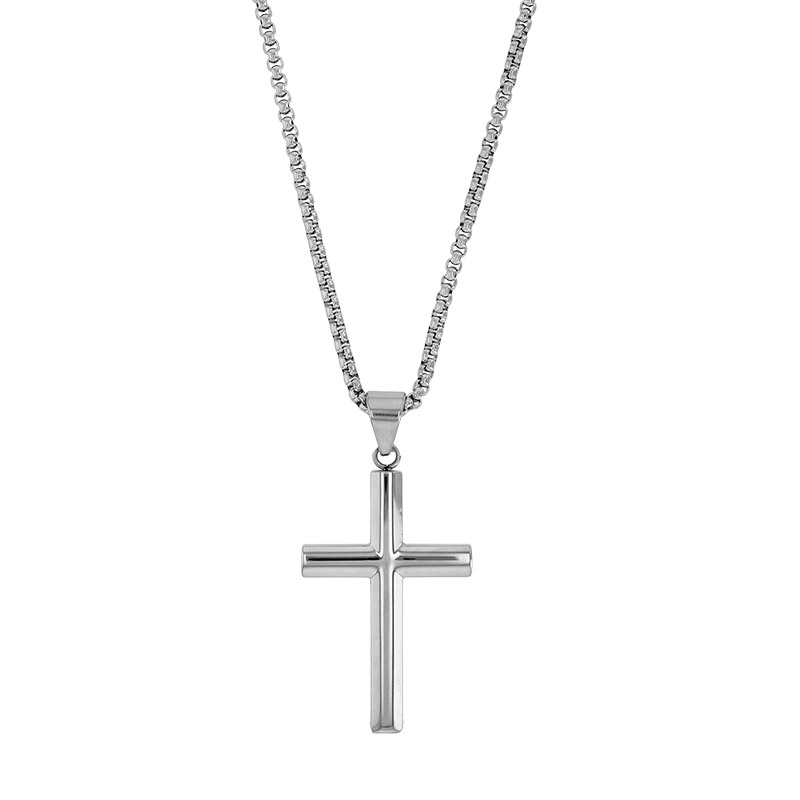 Collier croix lisse et bombée 4,5 x 3cm, maille pop-corn en acier