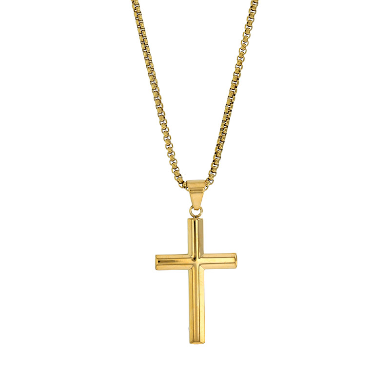 Collier croix lisse et bombée 4,5 x 3cm, maille pop-corn en acier