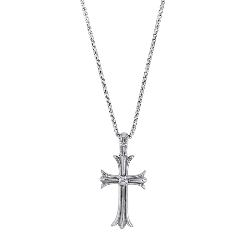 Collier croix style gothique ornée d'oxydes, maille pop-corn en acier