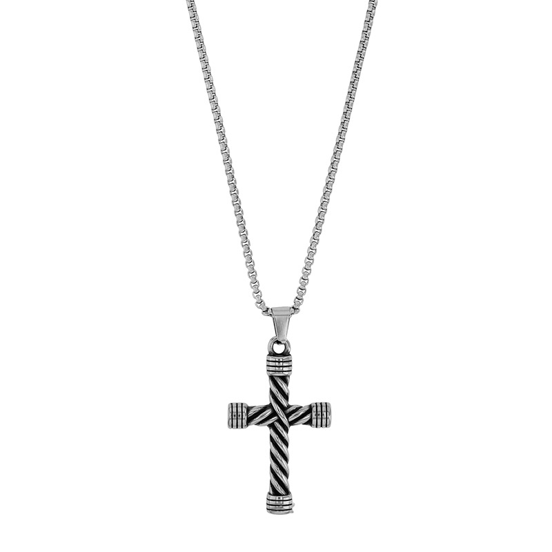 Collier croix torsadée 4,5 x 2,5cm maille pop-corn en acier