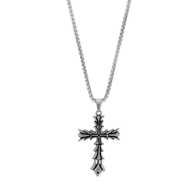 Collier croix 5 x 3cm maille pop-corn en acier