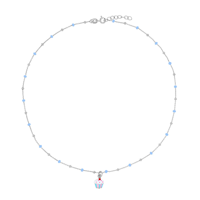 Collier cupcake, boules émaillées bleu, argent 925/1000 rhodié