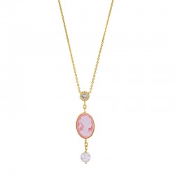 Collier d'un camé en corail reconstitué et 1 perle de verre maille forçat, argent 925/1000 doré