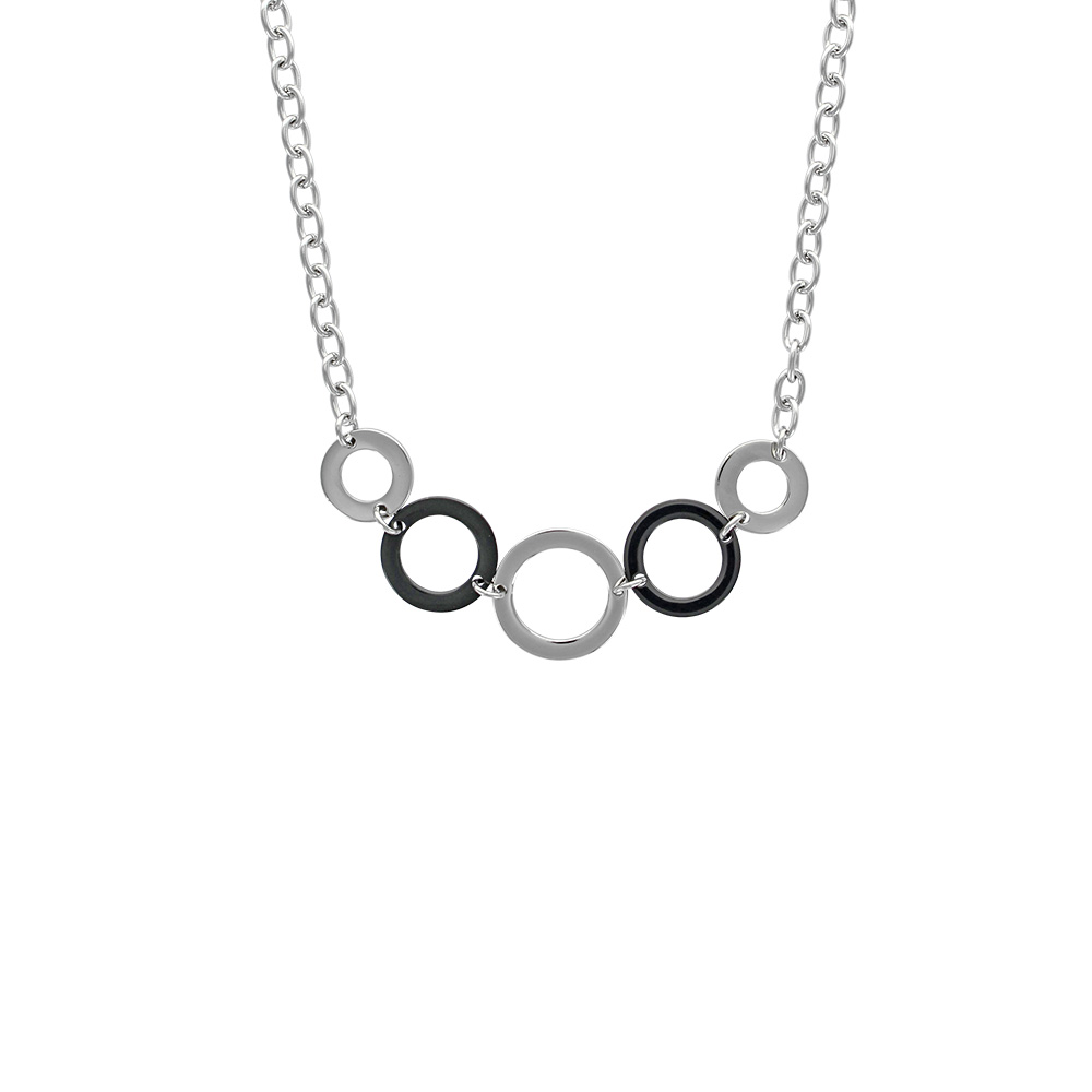 Collier de cercles argentés et noirs en acier