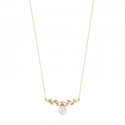 Collier de mariée Or 750/1000 ligne perle de culture d'eau douce et feuilles ornées d'oxydes