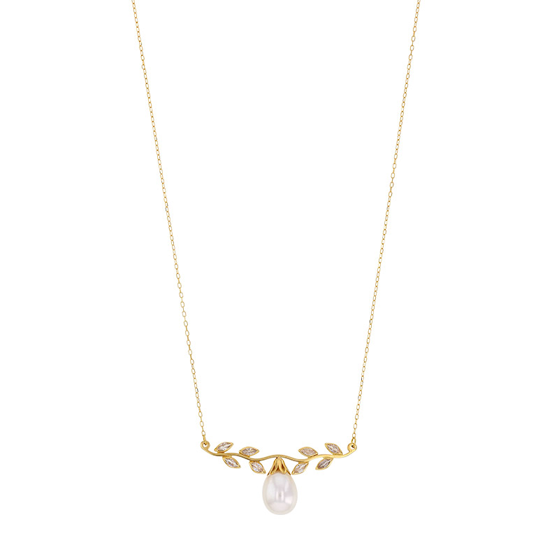 Collier de mariée Or 750/1000 ligne perle de culture d'eau douce et feuilles ornées d'oxydes