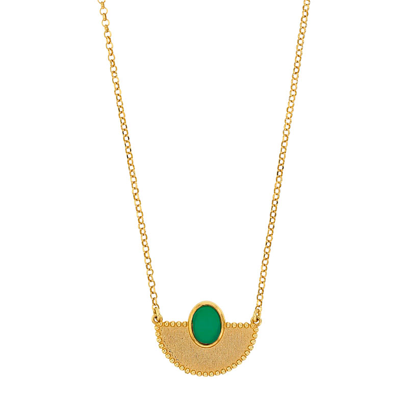 Collier demi-cercle en argent 925/1000 doré orné d'un Oeil de chat vert