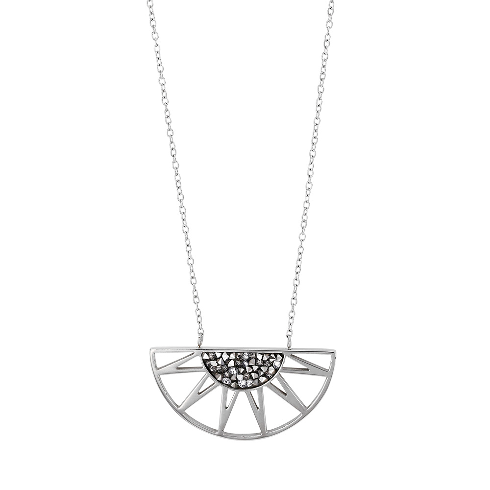 Collier demi-soleil en acier orné de cristaux gris