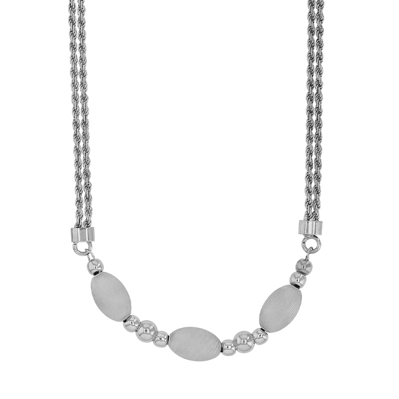 Collier double chaîne orné de 3 ronds forme ovale aspect strié, argent 925/1000 rhodié
