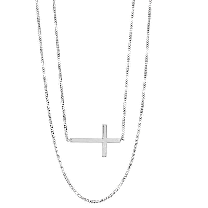 Collier double orné d'une croix longue en argent rhodié 925/1000