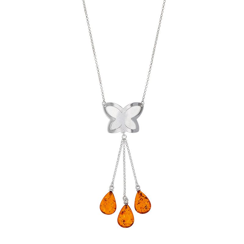 Collier double papillons argent 925/1000 rhodié avec pierres ambre cognac pendantes