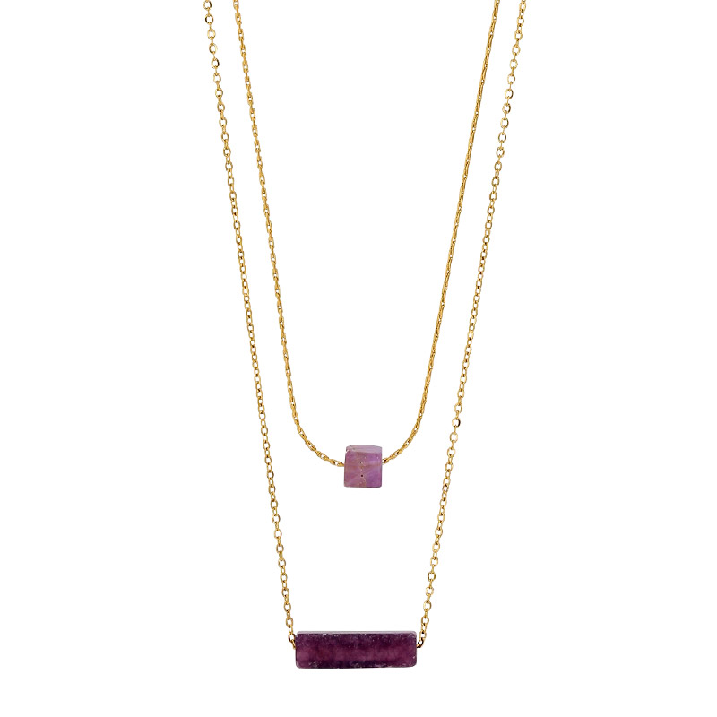 Collier double rang, cube et cylindre agate noire, acier doré