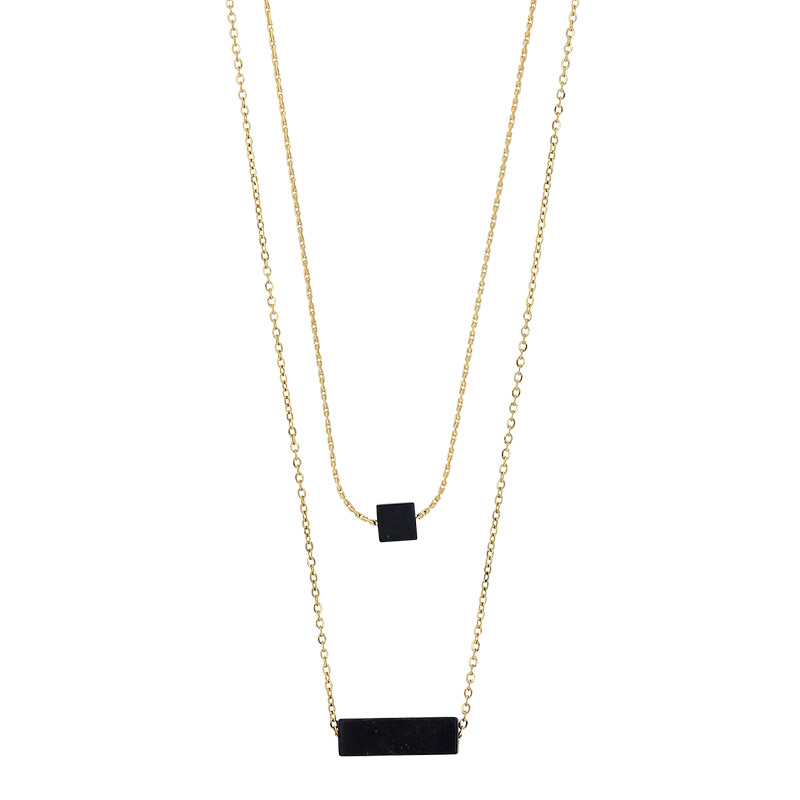 Collier double rang, cube et cylindre agate noire, acier doré