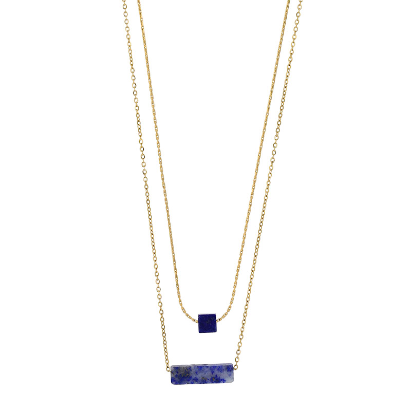 Collier double rang, cube et cylindre agate noire, acier doré